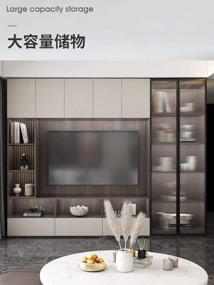 現(xiàn)代簡(jiǎn)約組合電視柜 輕奢實(shí)木與玻璃門的完美結(jié)合，提升客廳儲(chǔ)物美學(xué)
